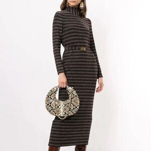 NWT Tory Burch Metallic Stripe Mock Neck Long Sleeve Dress In Black Belted